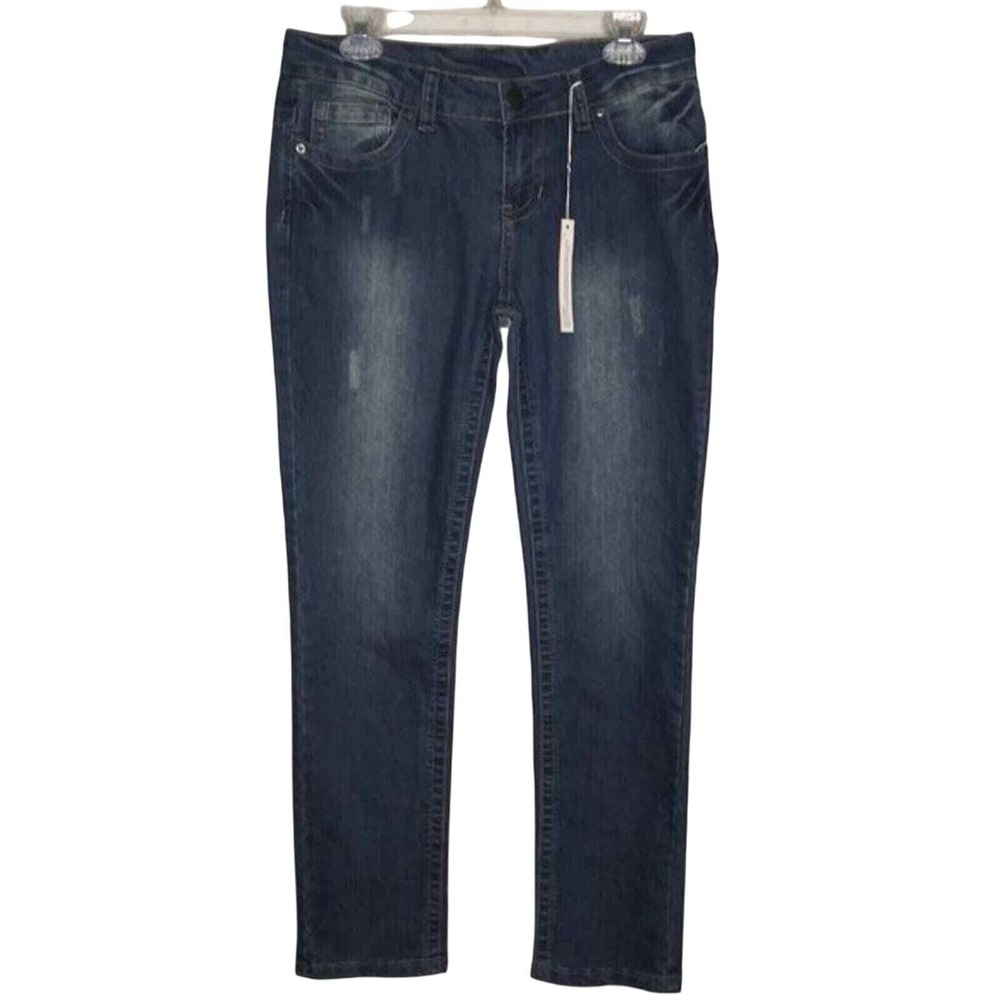 NWT Maduzi Jeans Women 11 Straight Leg Distressed Medium Wash Button Zip Closure
